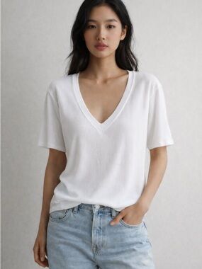 Zara White Ribbed V-Neck Short Sleeve Tee